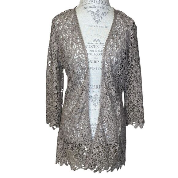 Nina Leonard Open Front 3-4 Sleeve Crochet Lace Cardigan Gray Khaki Size Medium - Picture 1 of 12